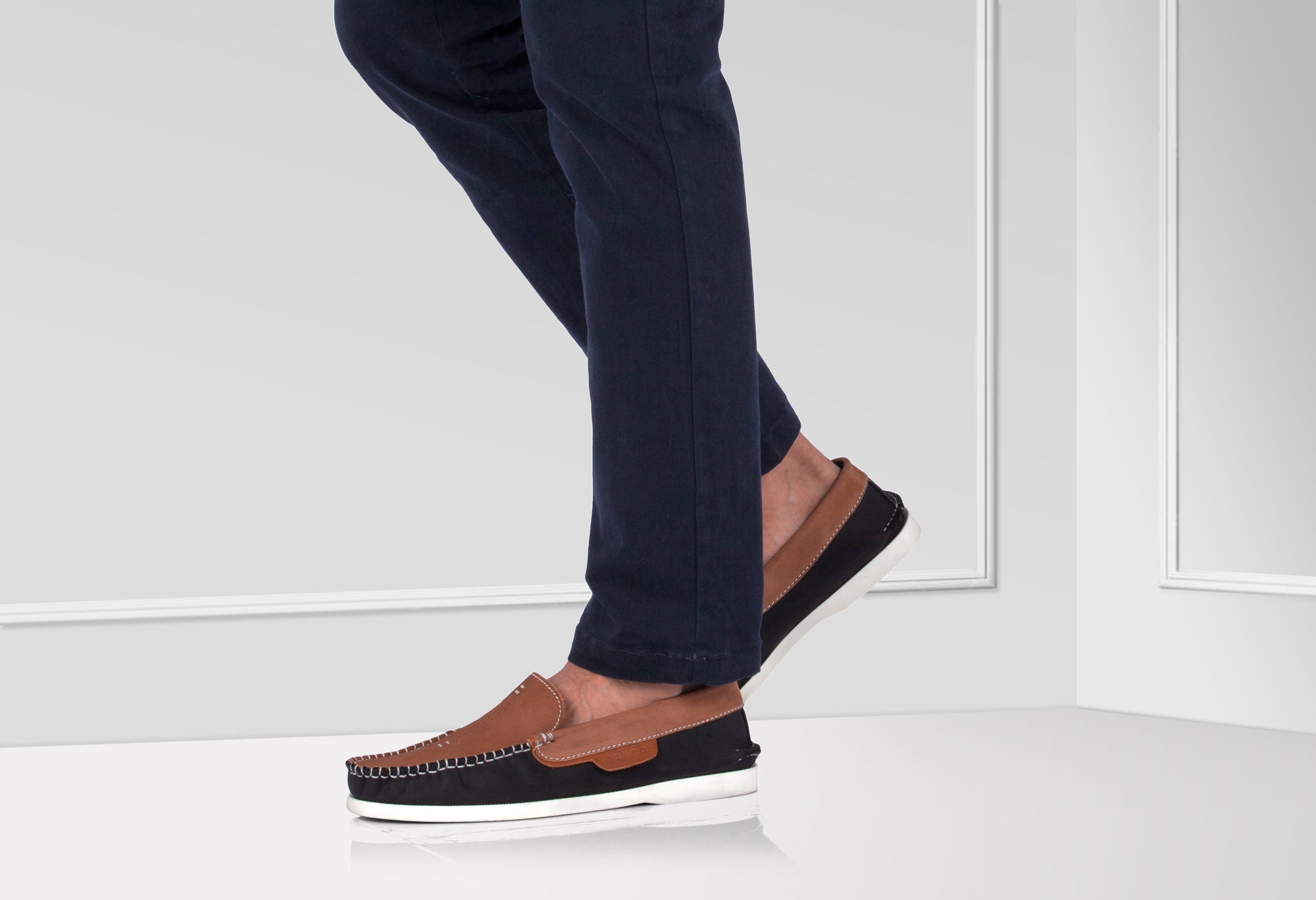 Pure Leather Navy Blue & Tan Boat Shoes - AKAGI, BOAT108BLTAN - Showcase Image 1