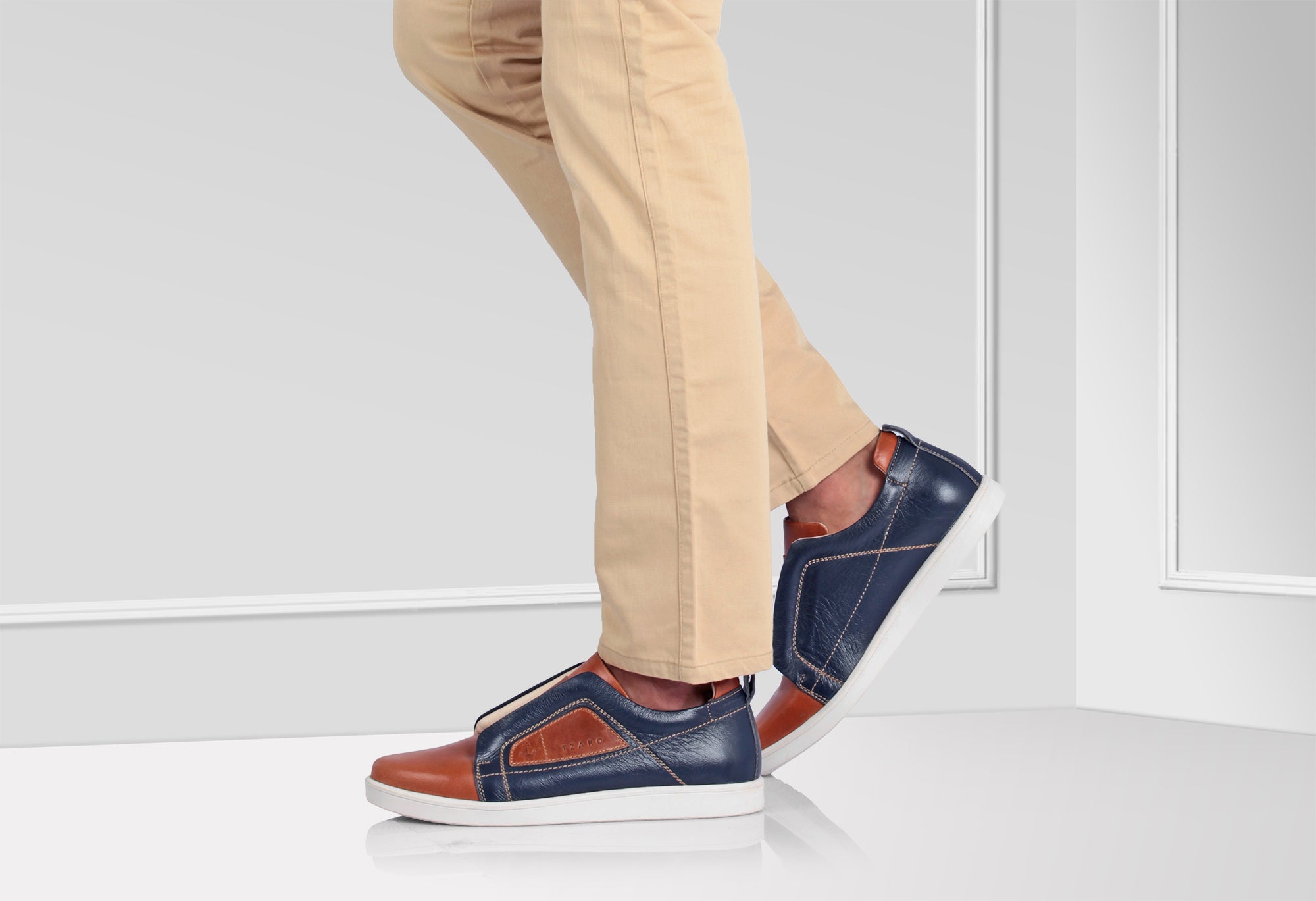 Pure Leather Navy-Blue & Tan Color Slip-On Sneaker - Optimus, OPT302BLUTAN - Showcase Image 2