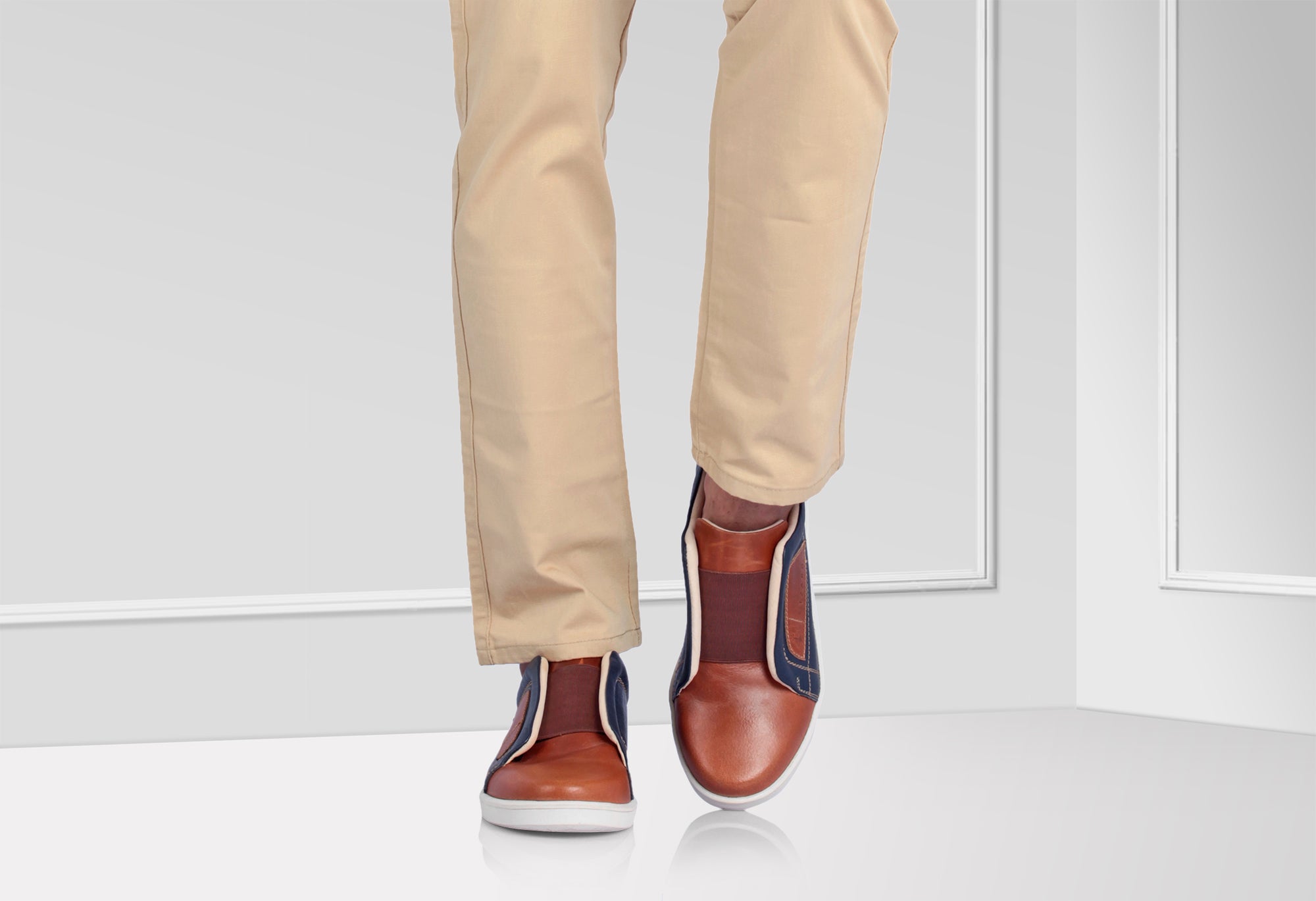 Pure Leather Navy-Blue & Tan Color Slip-On Sneaker - Optimus, OPT302BLUTAN - Showcase Image 1