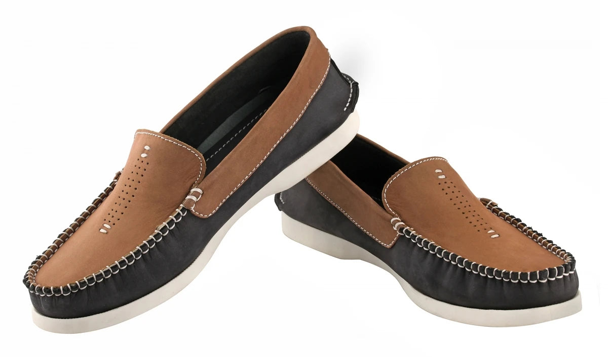 Pure Leather Navy Blue & Tan Boat Shoes - AKAGI, BOAT108BLTAN