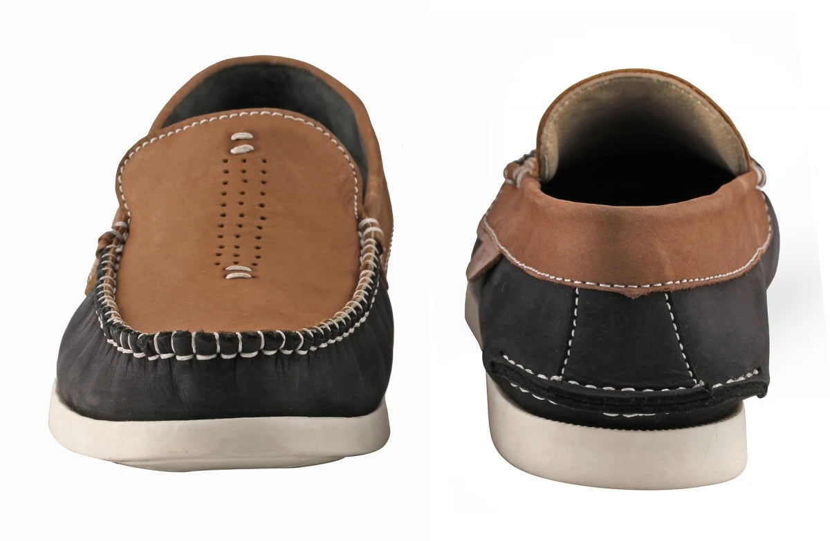 Pure Leather Navy Blue & Tan Boat Shoes - AKAGI, BOAT108BLTAN