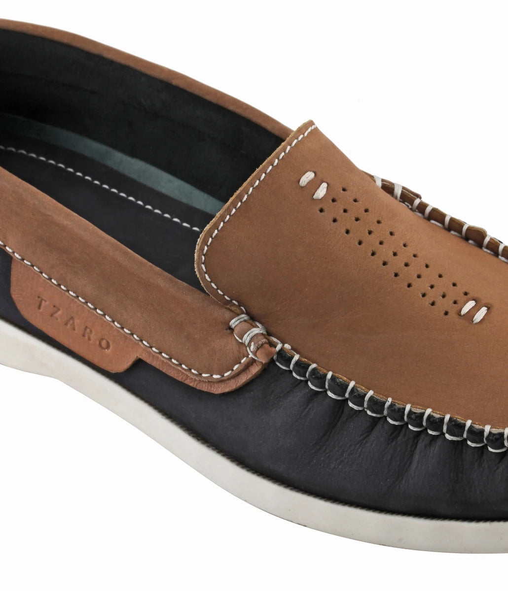 Pure Leather Navy Blue & Tan Boat Shoes - AKAGI, BOAT108BLTAN