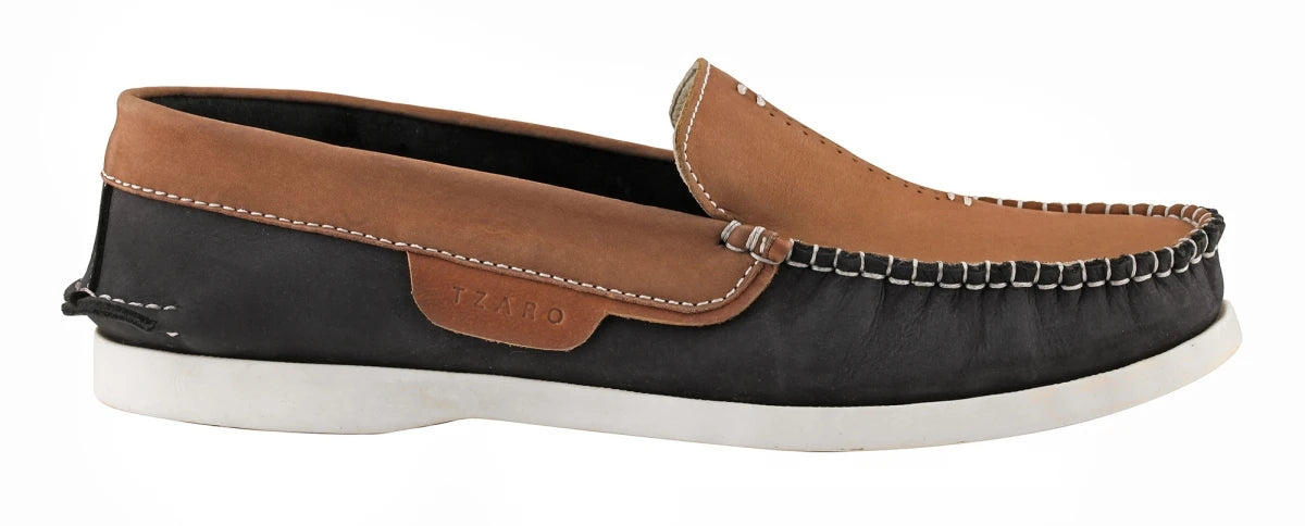 Pure Leather Navy Blue & Tan Boat Shoes - AKAGI, BOAT108BLTAN