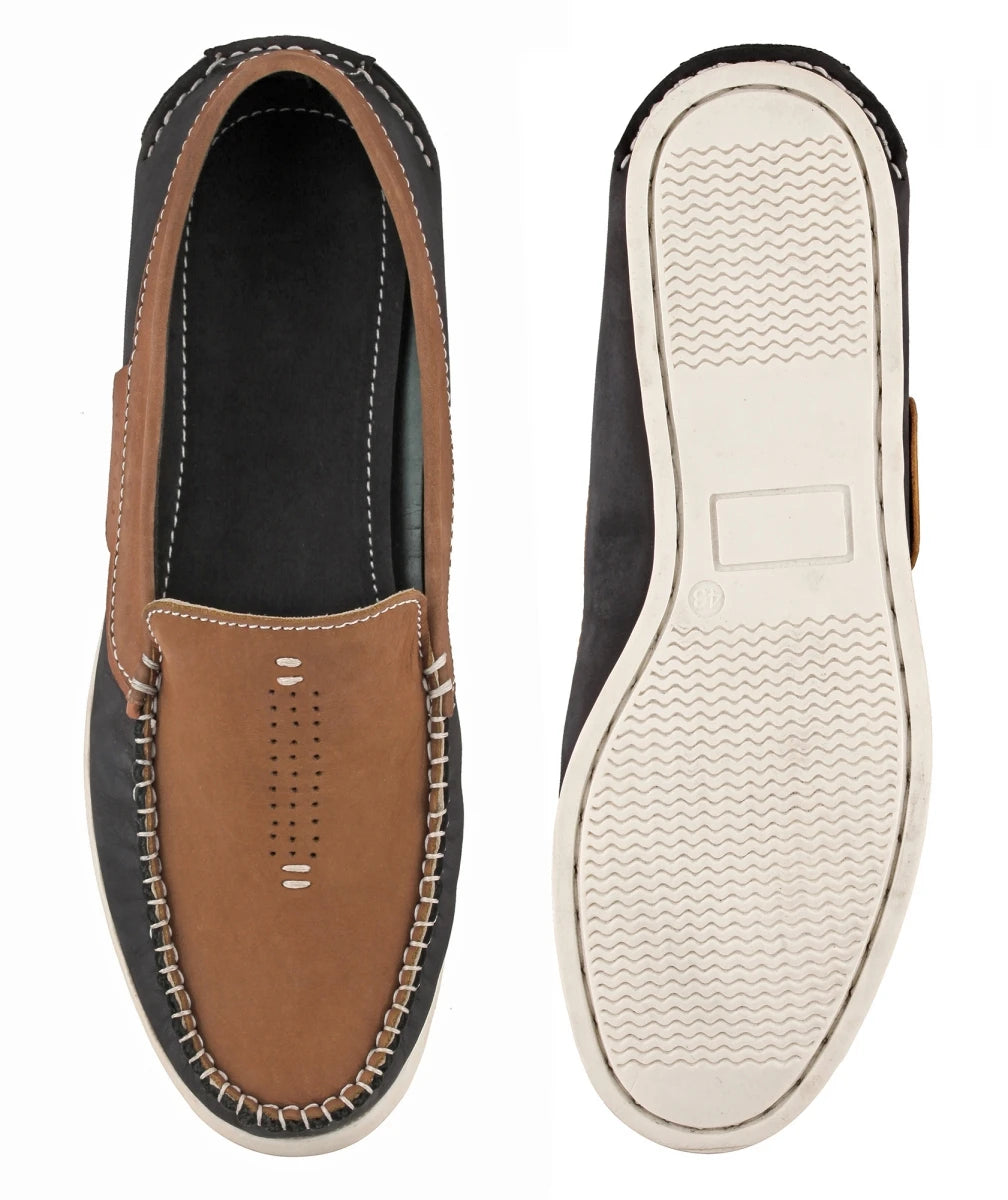 Pure Leather Navy Blue & Tan Boat Shoes - AKAGI, BOAT108BLTAN