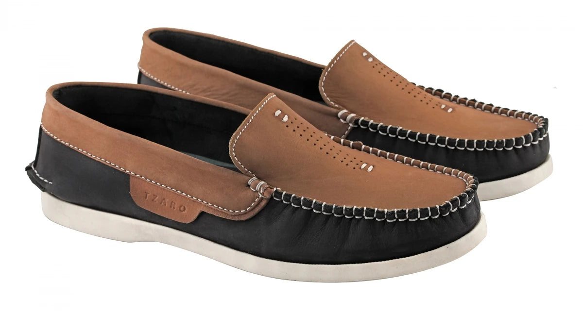 Pure Leather Navy Blue & Tan Boat Shoes - AKAGI, BOAT108BLTAN