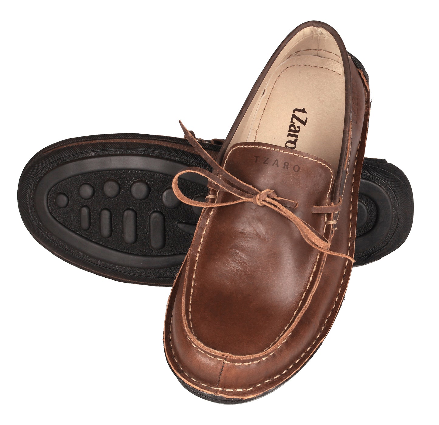 Pure Leather Dark Tan Stitch-Down Boat Shoes - Fredo