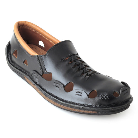 Pure Leather Black Sandal, with Driving Shoe Sole  -  Transformer, DMRONBLK25