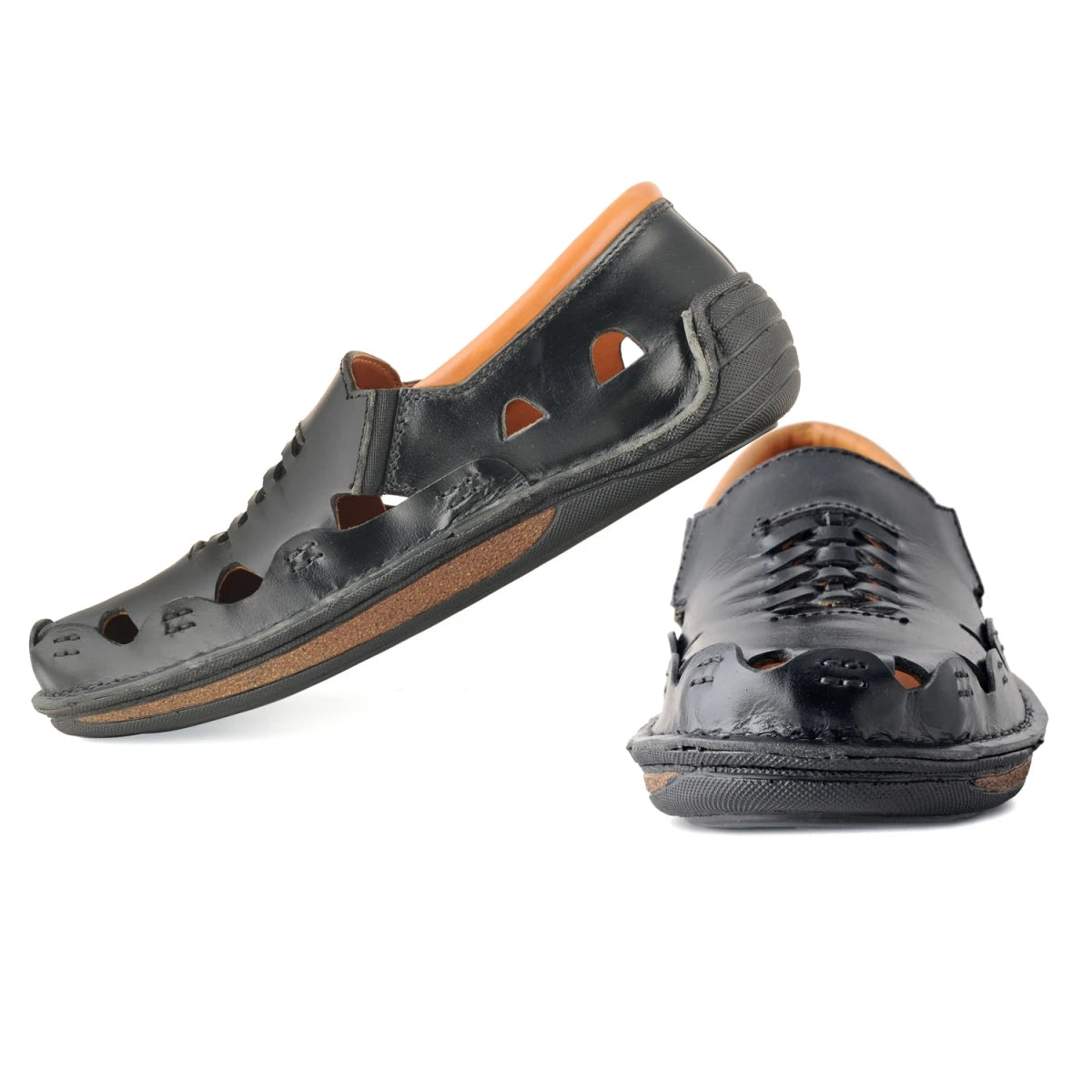Pure Leather Black Sandal, with Driving Shoe Sole - Transformer, DMRONBLK25