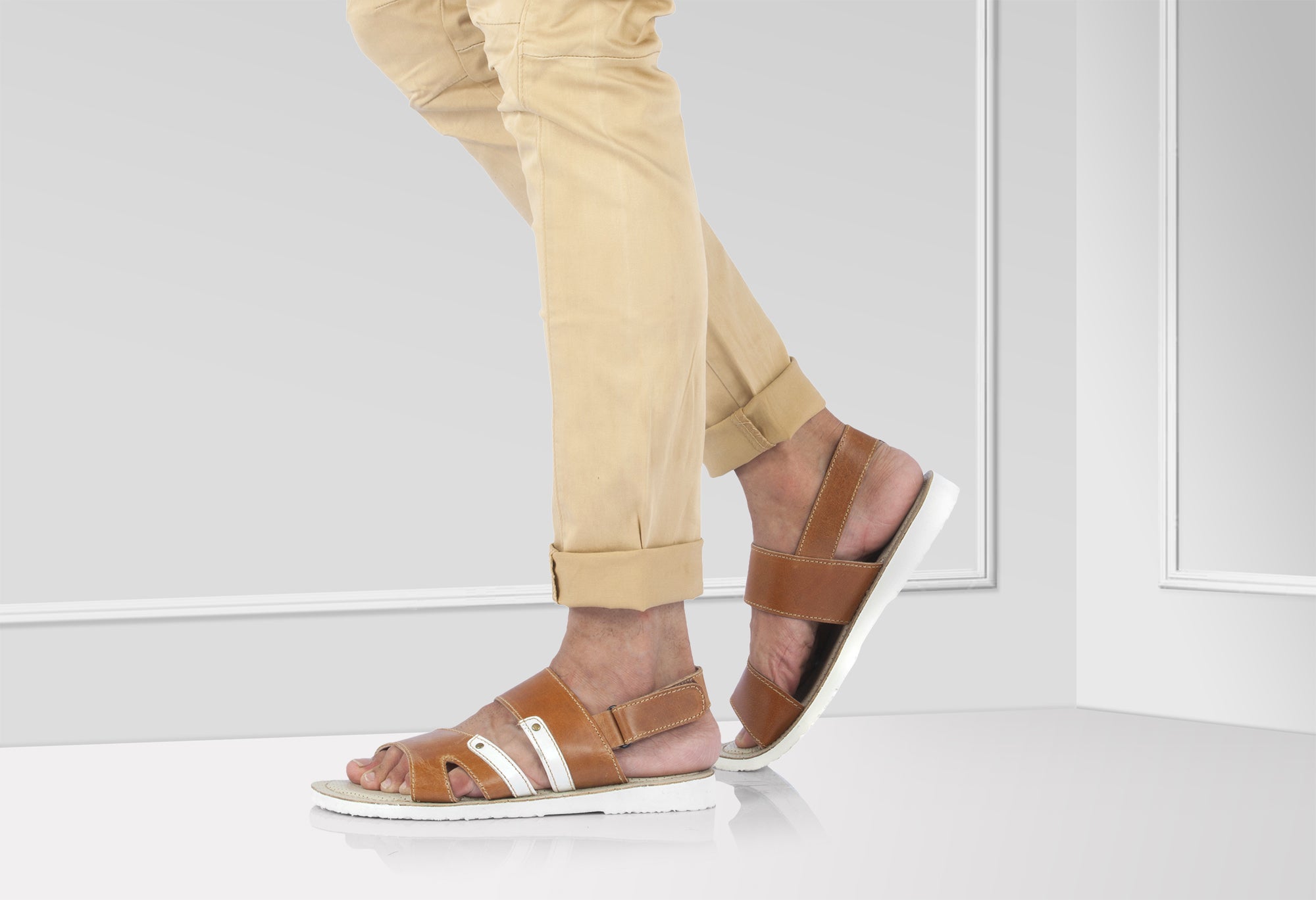 Pure Leather, Super-light, Sandal - Humming-Bird (Tan with White), HB602TNWH - Showcase Image 1
