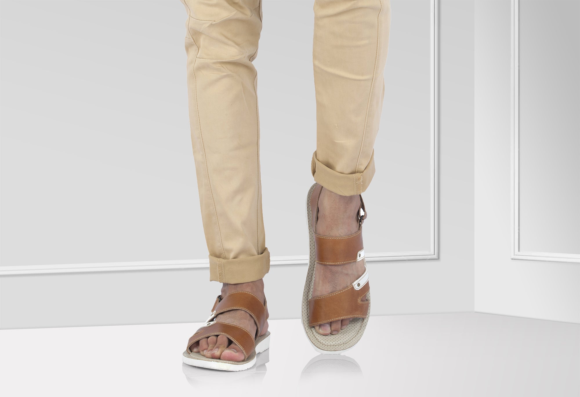 Pure Leather, Super-light, Sandal - Humming-Bird (Tan with White), HB602TNWH - Showcase Image 2
