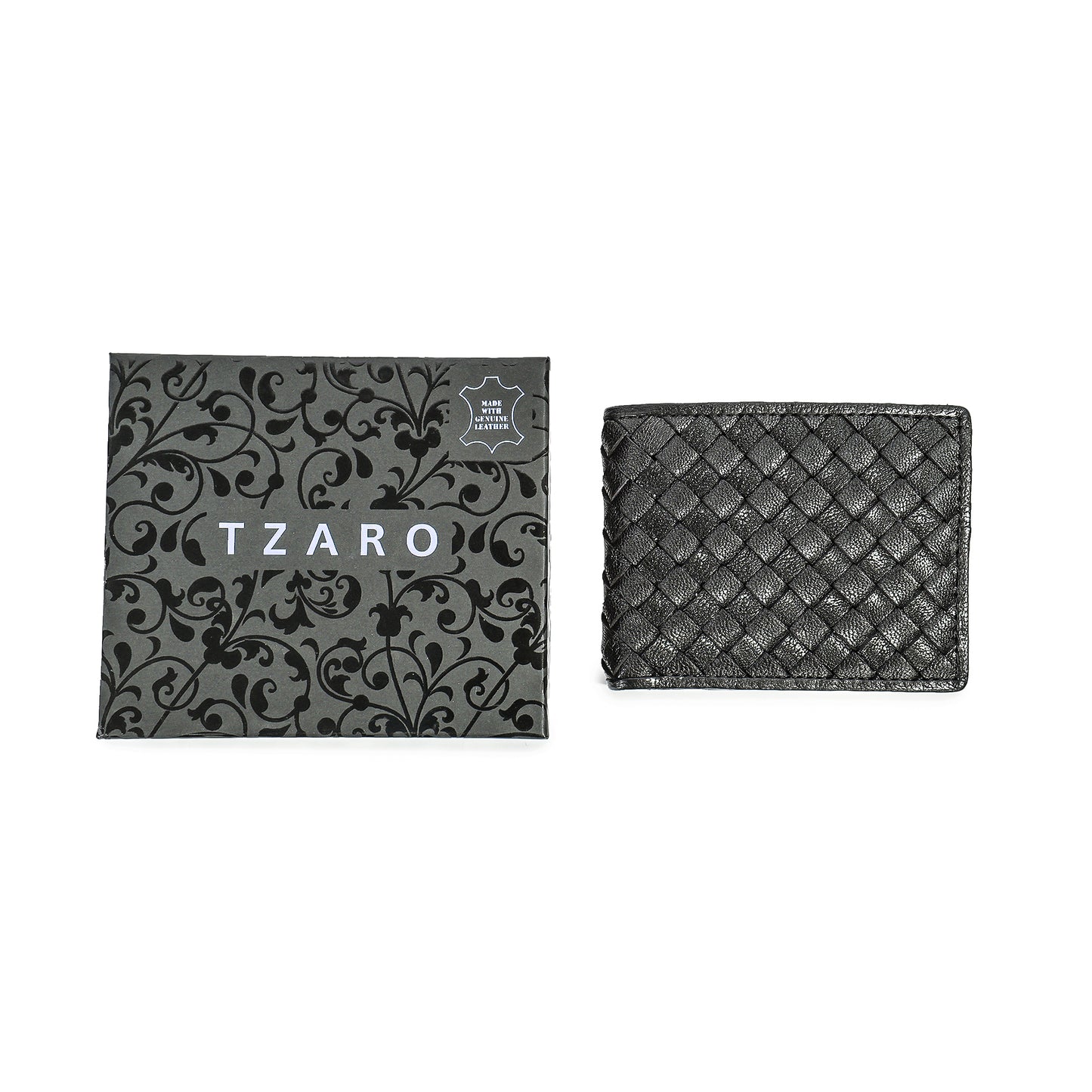 Black Pure Leather Woven Bifold Wallet for Men | TZARO IQANMWEV83BLK