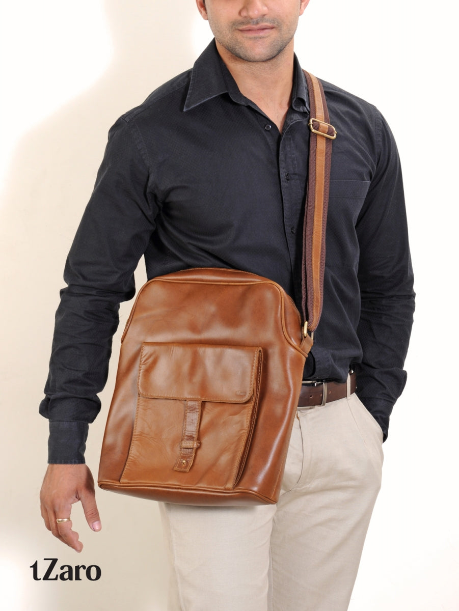 TZARO Tan Color Genuine Leather Sling Bag: IQPRSLTHMS003
