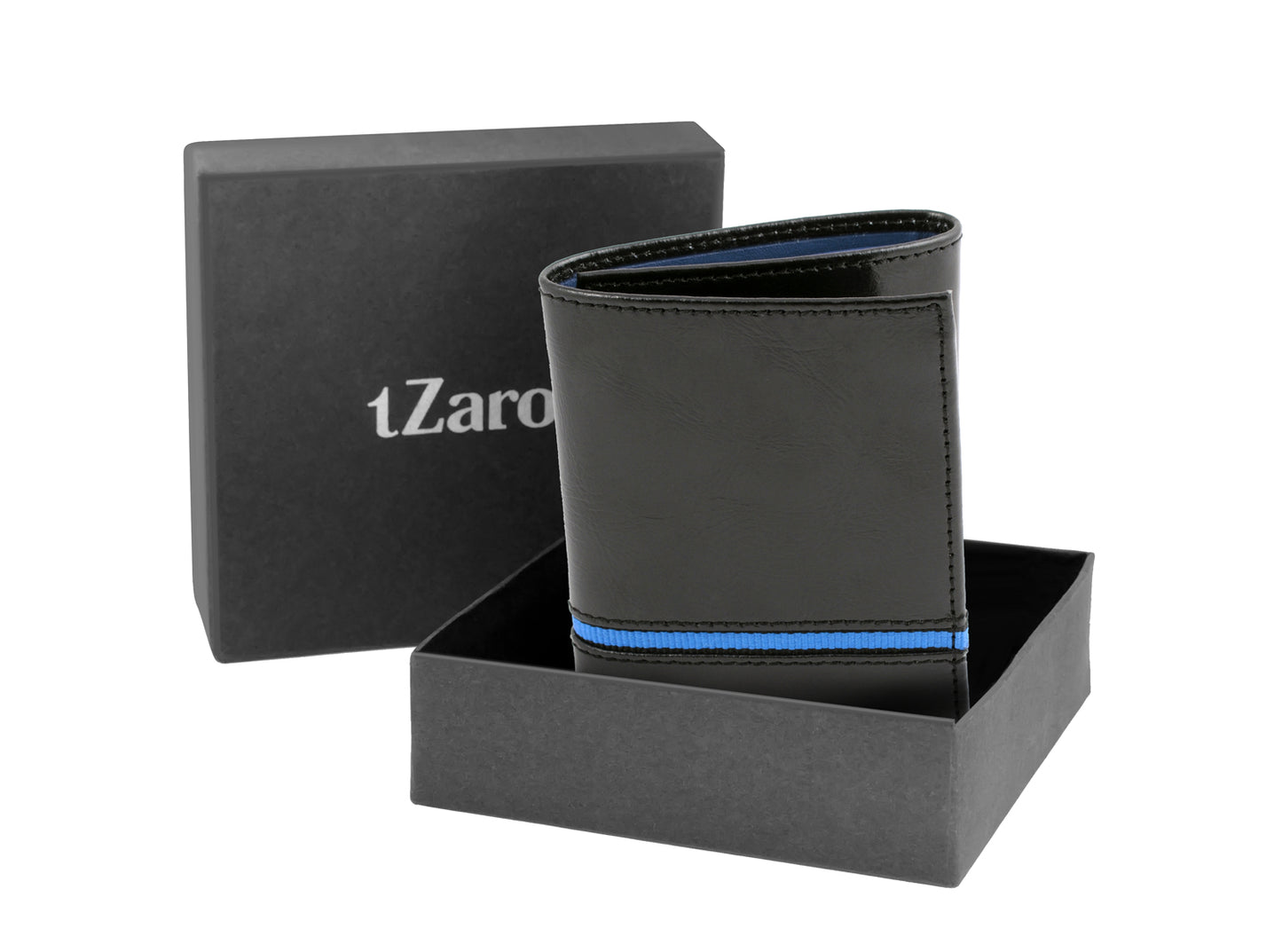 Black Genuine Leather Trifold Wallet for Men with Blue Interior | TZARO - IQPRSLTHR015