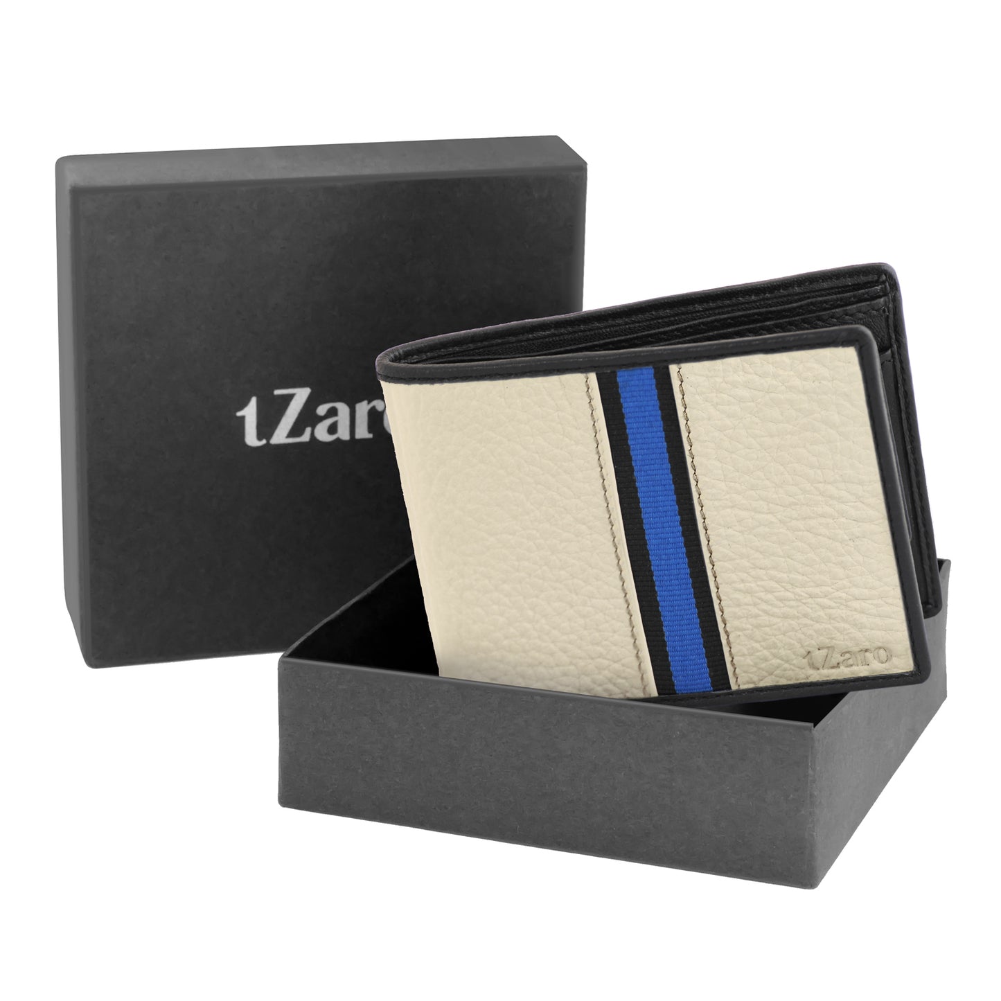 Beige Pure Leather Bifold Wallet for Men with Blue Racing Stripe | TZARO - IQPRSLTHR025
