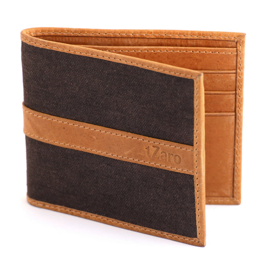 Tan Bifold Canvas Genuine Leather Wallet