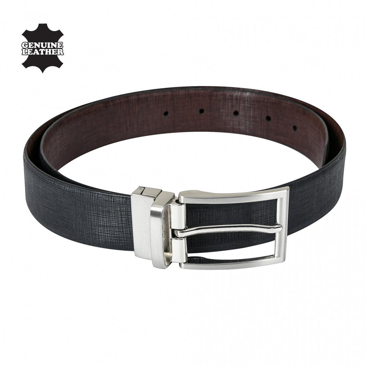 Italian Genuine Leather Reversible Belt in Texture Finish (Black & Dark Tan) - IQZPRLTH49RV