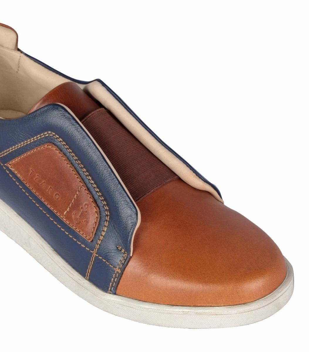 Pure Leather Navy-Blue & Tan Color Slip-On Sneaker - Optimus, OPT302BLUTAN