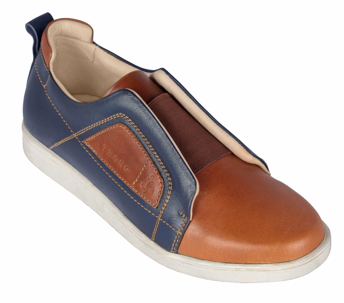 Tan Blue Leather Slip on Shoes