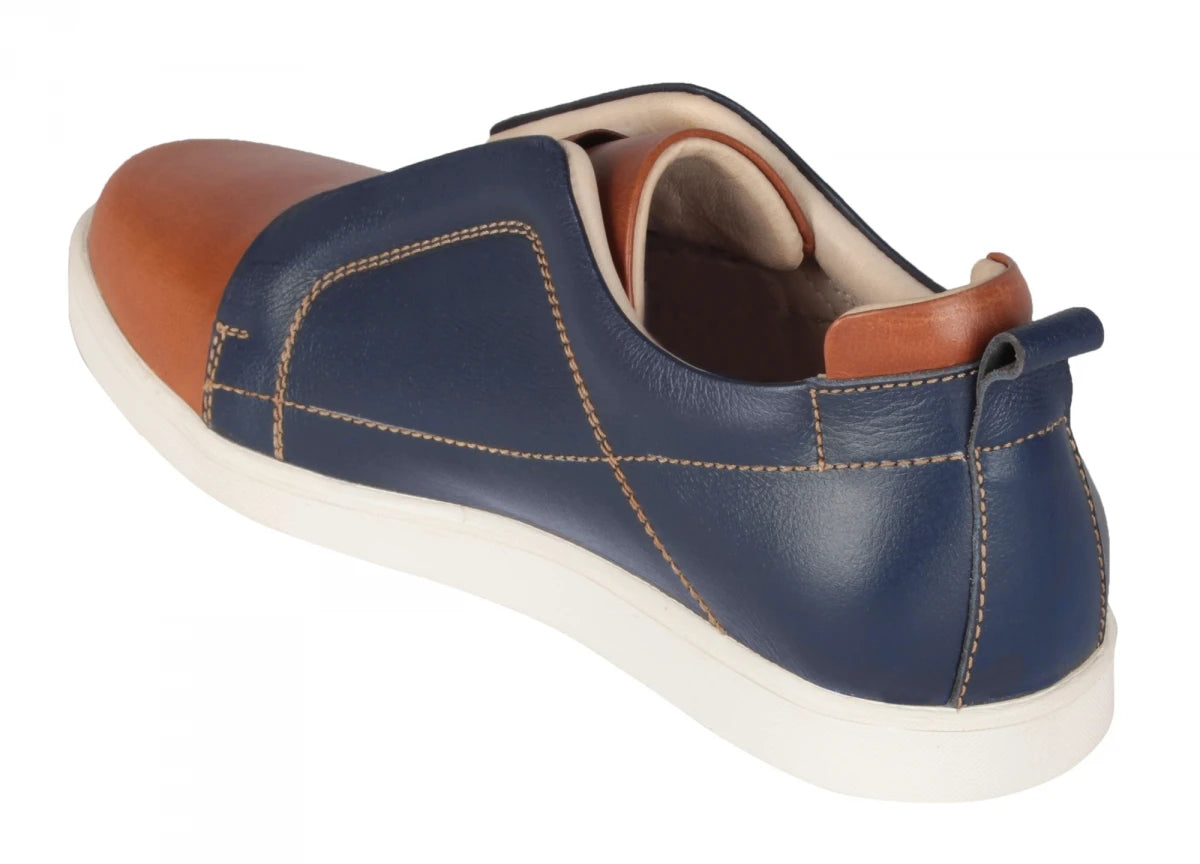 Pure Leather Navy-Blue & Tan Color Slip-On Sneaker - Optimus, OPT302BLUTAN