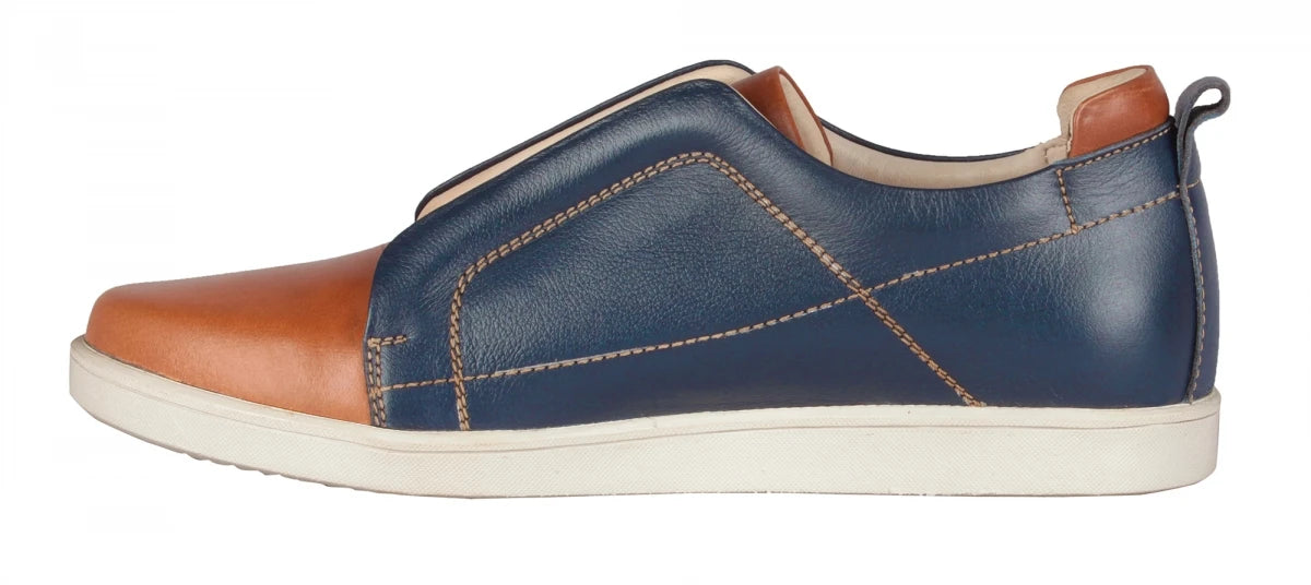Pure Leather Navy-Blue & Tan Color Slip-On Sneaker - Optimus, OPT302BLUTAN