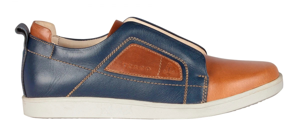 Pure Leather Navy-Blue & Tan Color Slip-On Sneaker - Optimus, OPT302BLUTAN