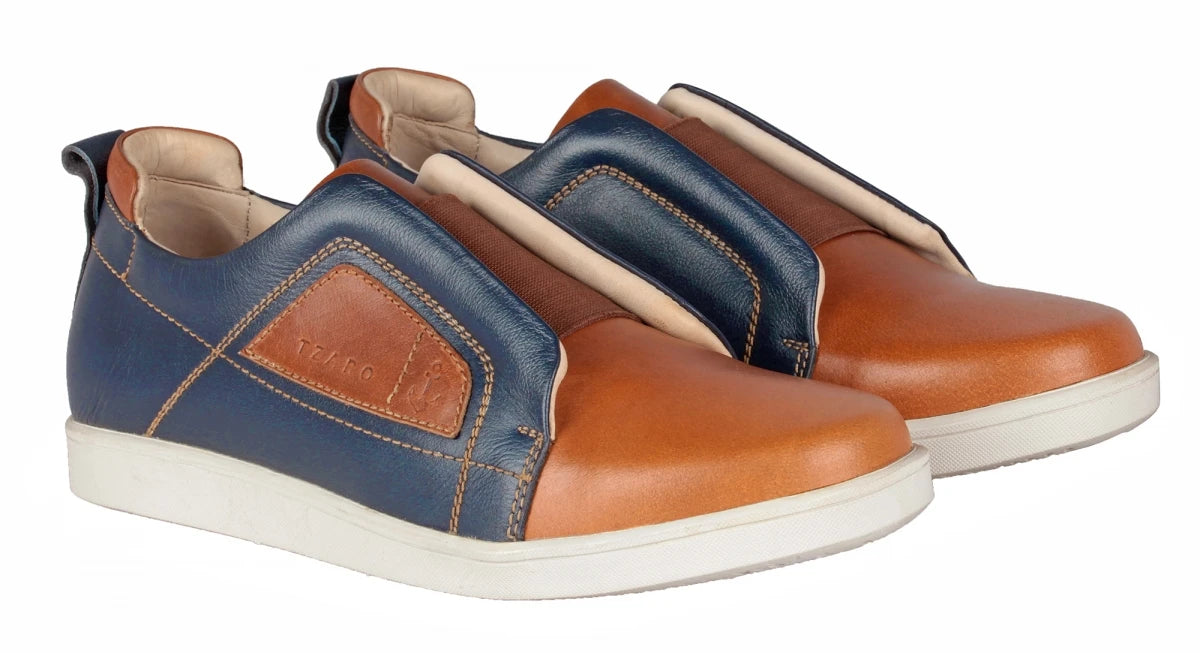 Pure Leather Navy-Blue & Tan Color Slip-On Sneaker - Optimus, OPT302BLUTAN