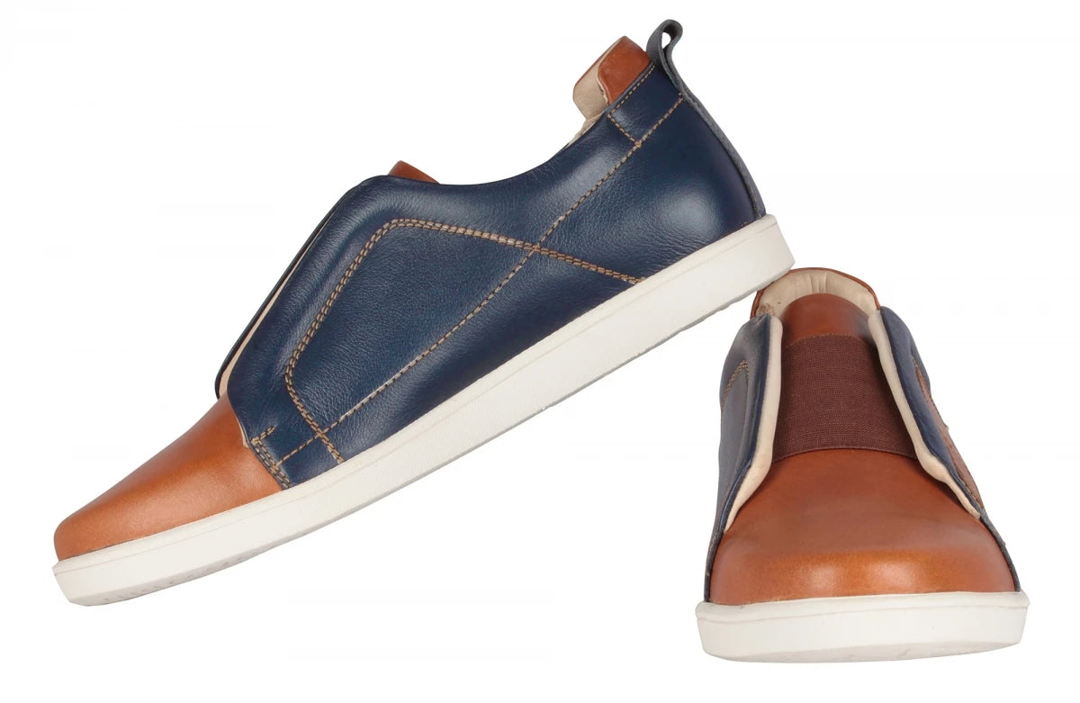 Pure Leather Navy-Blue & Tan Color Slip-On Sneaker - Optimus, OPT302BLUTAN