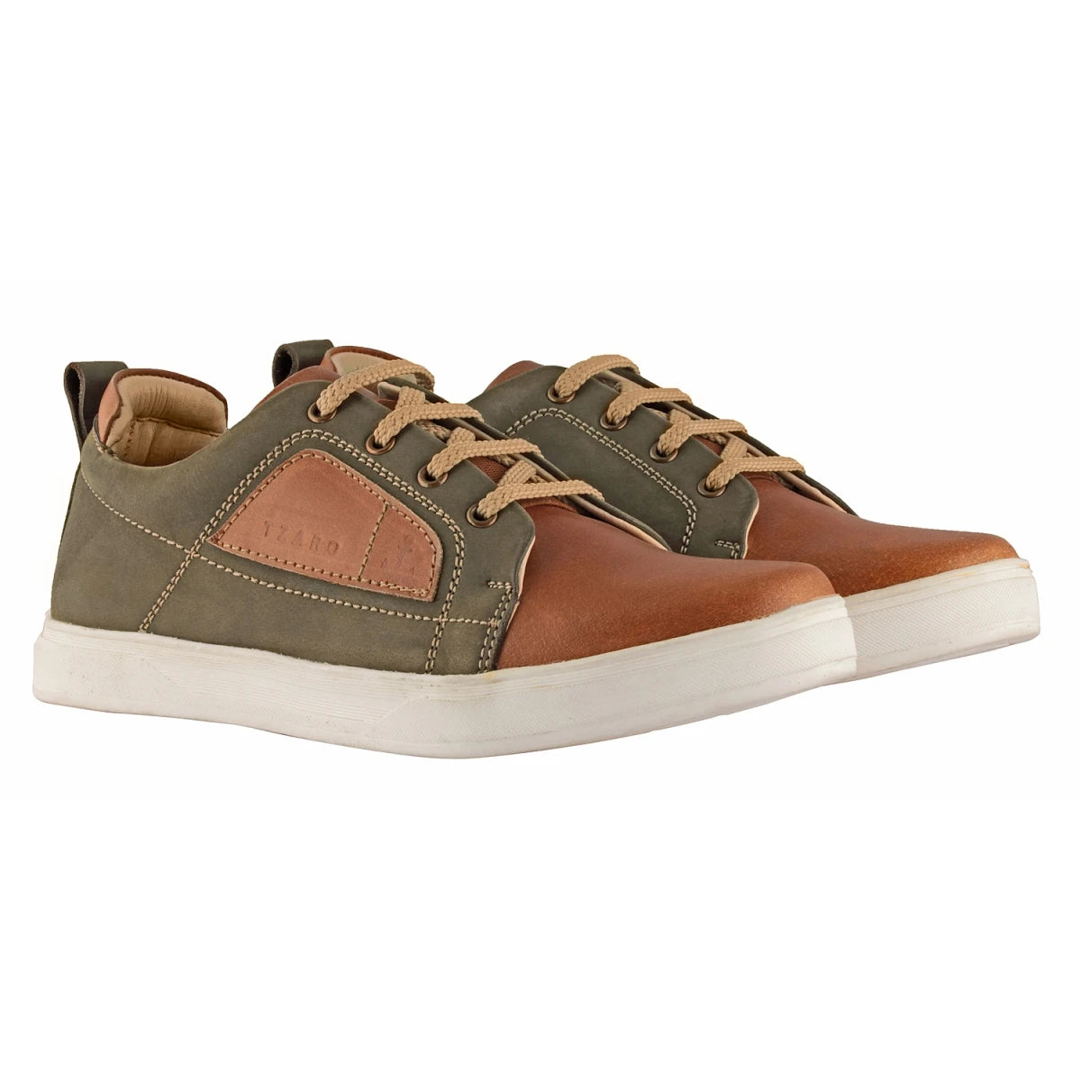 Pure Leather, Olive & Tan Color Leather Sneakers - Optimus, OPT303OLVTAN