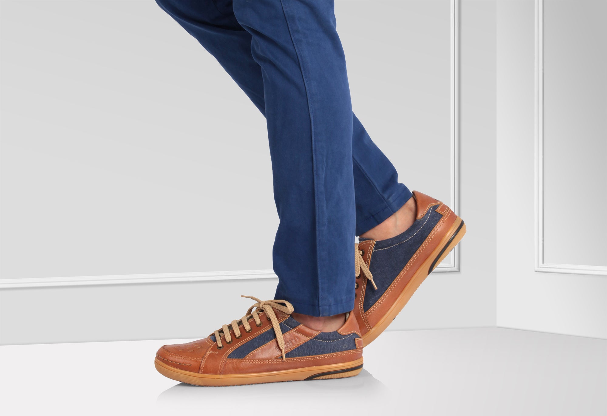 Pure Leather Tan Sneakers with a Touch of Denim - RODEN411TAN - Showcase Image 1