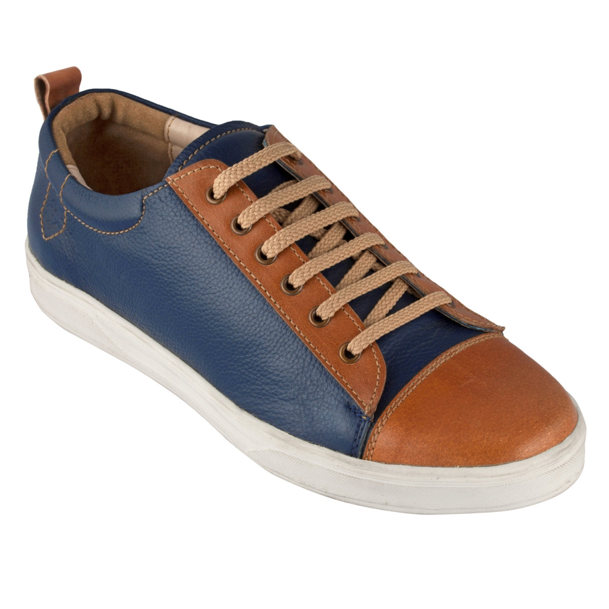 Pure Leather Blue Sneaker with a Touch of Tan - Casanova Blue, ROM202BLUTAN