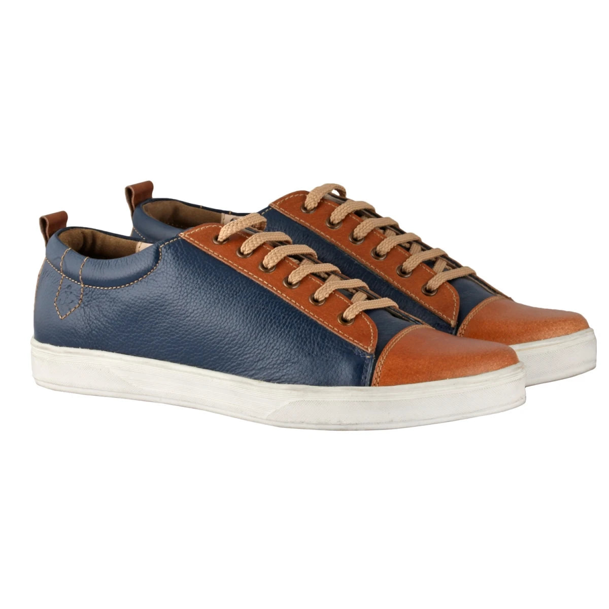 Pure Leather Blue Sneaker with a Touch of Tan - Casanova Blue, ROM202BLUTAN