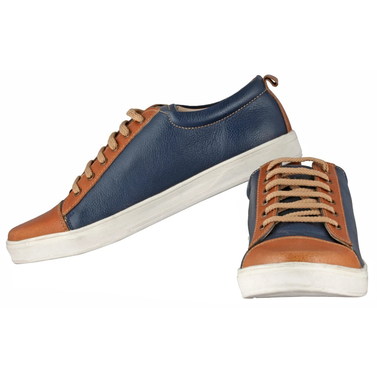 Pure Leather Blue Sneaker with a Touch of Tan - Casanova Blue, ROM202BLUTAN