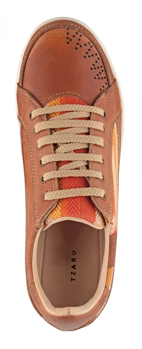 Pure Leather Sneakers with a Touch of Handloom - Loom (Tan) , RON4134FABTAN