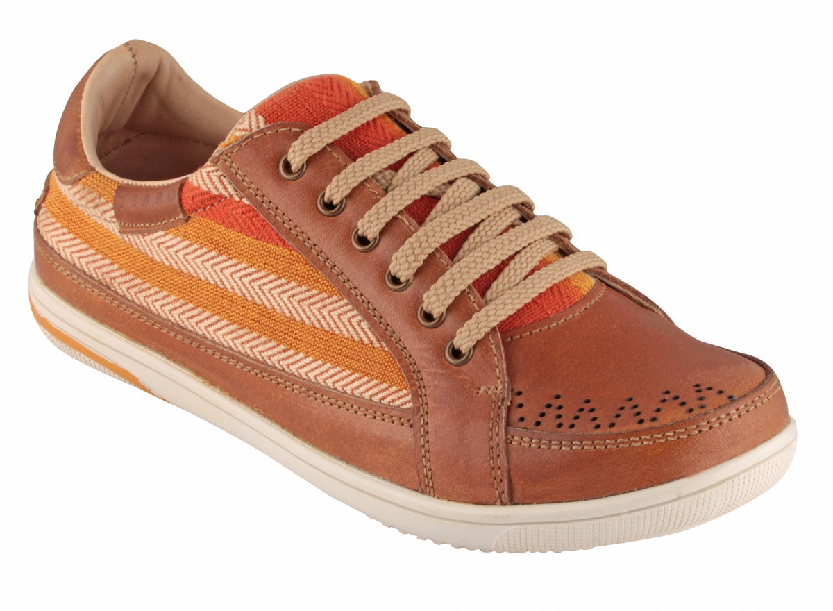 Pure Leather Sneakers with a Touch of Handloom - Loom (Tan) , RON4134FABTAN