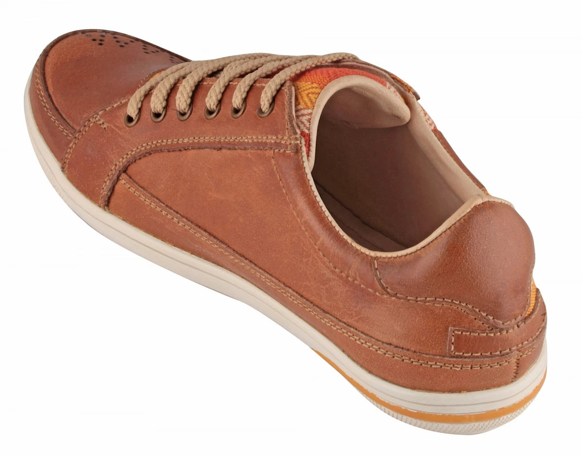 Pure Leather Sneakers with a Touch of Handloom - Loom (Tan) , RON4134FABTAN