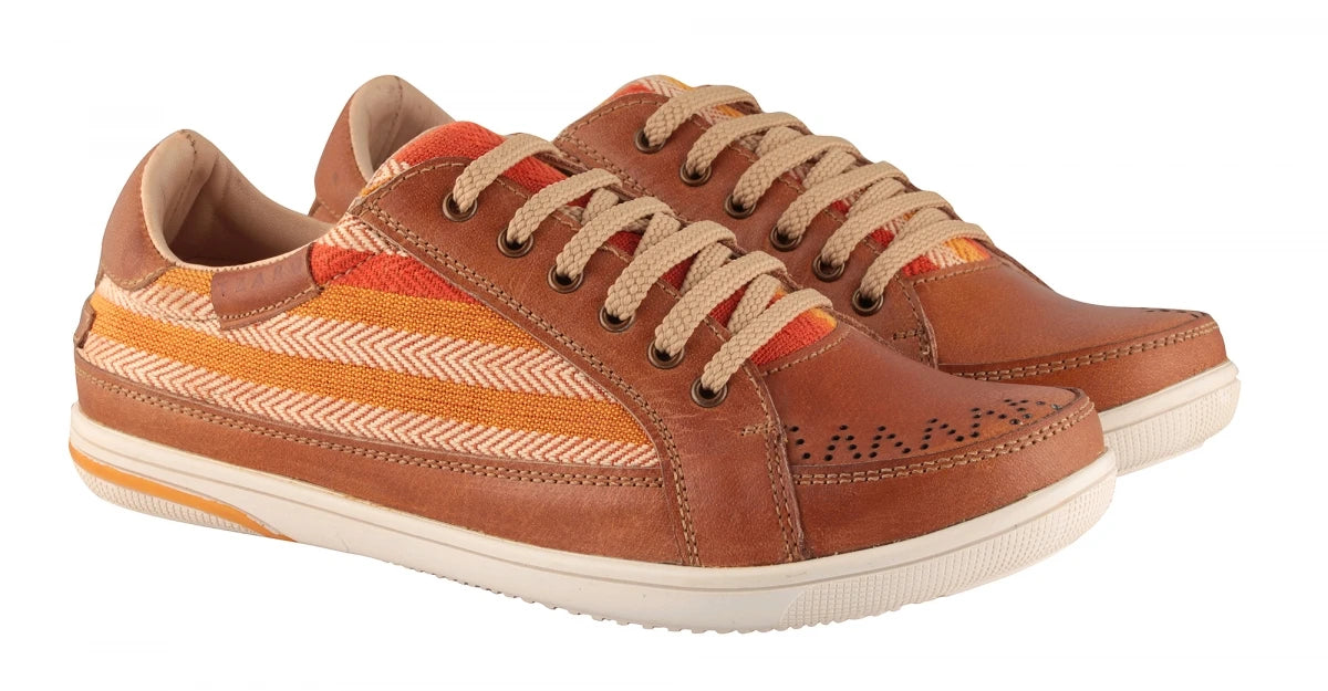 Pure Leather Sneakers with a Touch of Handloom - Loom (Tan) , RON4134FABTAN
