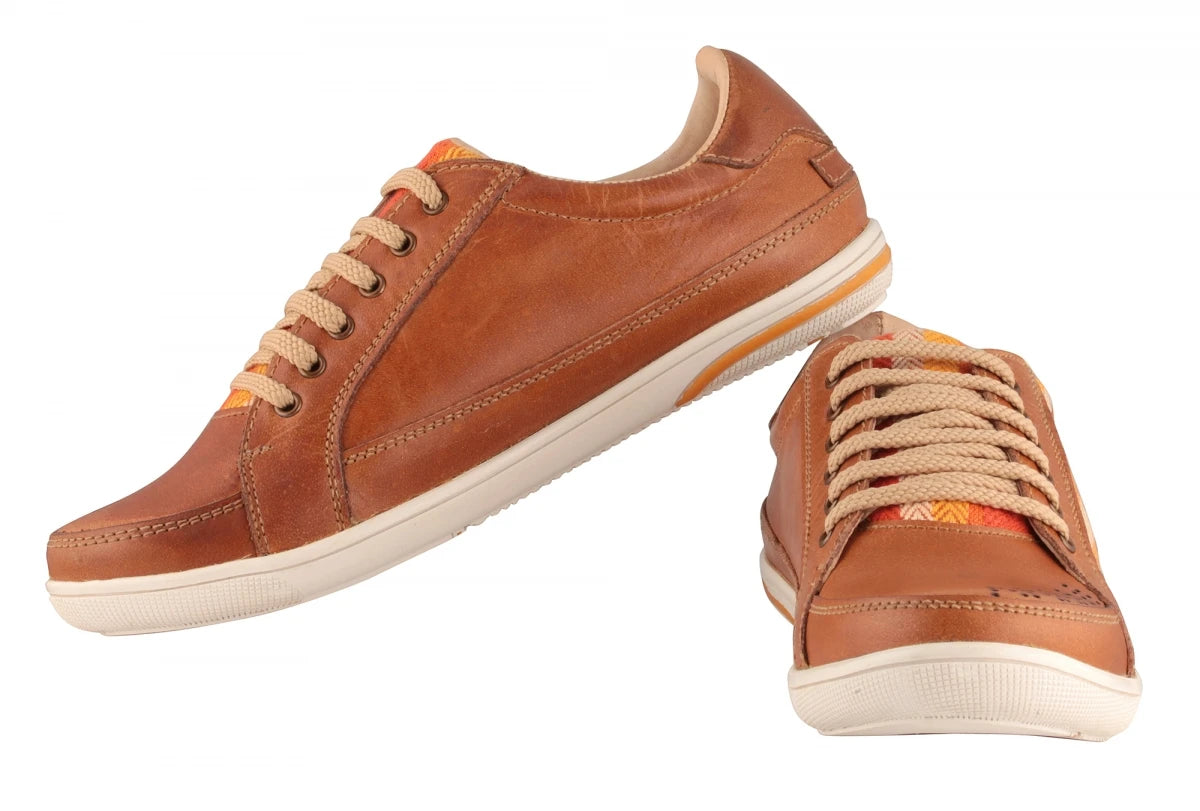 Pure Leather Sneakers with a Touch of Handloom - Loom (Tan) , RON4134FABTAN