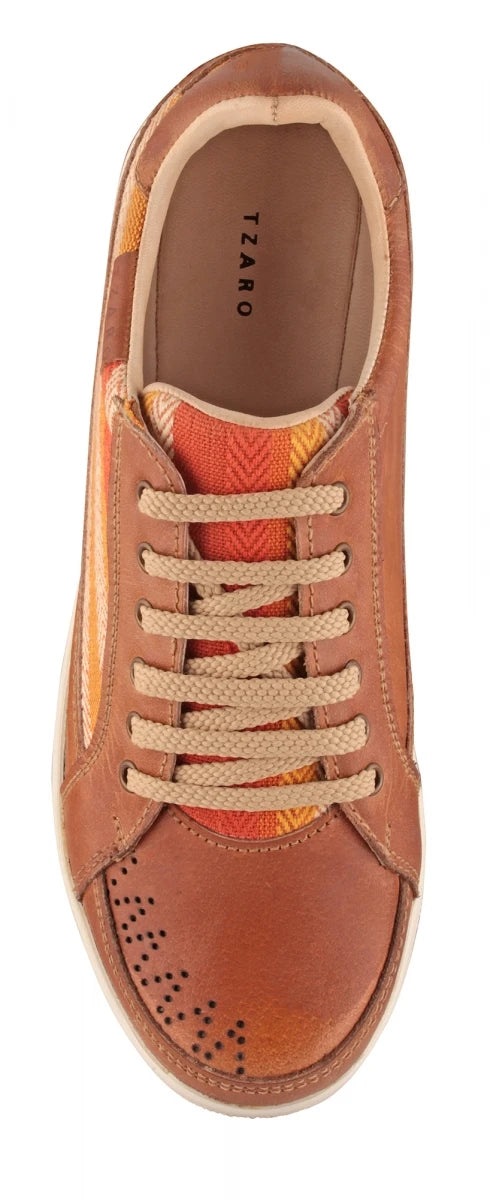 Pure Leather Sneakers with a Touch of Handloom - Loom (Tan) , RON4134FABTAN