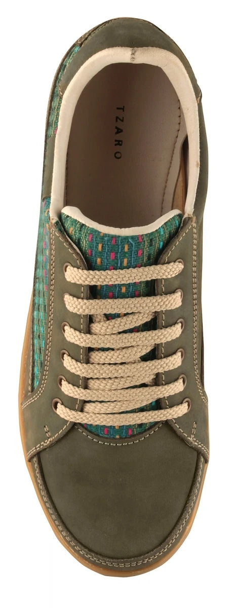 Pure Leather Sneakers with a Touch of Handloom - Loom (Olive Green), RON4145FABOLV