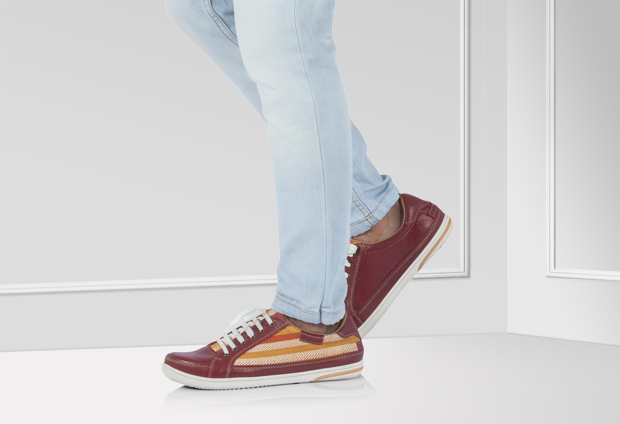 Pure Leather Sneakers with a Touch of Handloom - Loom (Red) , RON4155FABBUR - Showcase Image 1