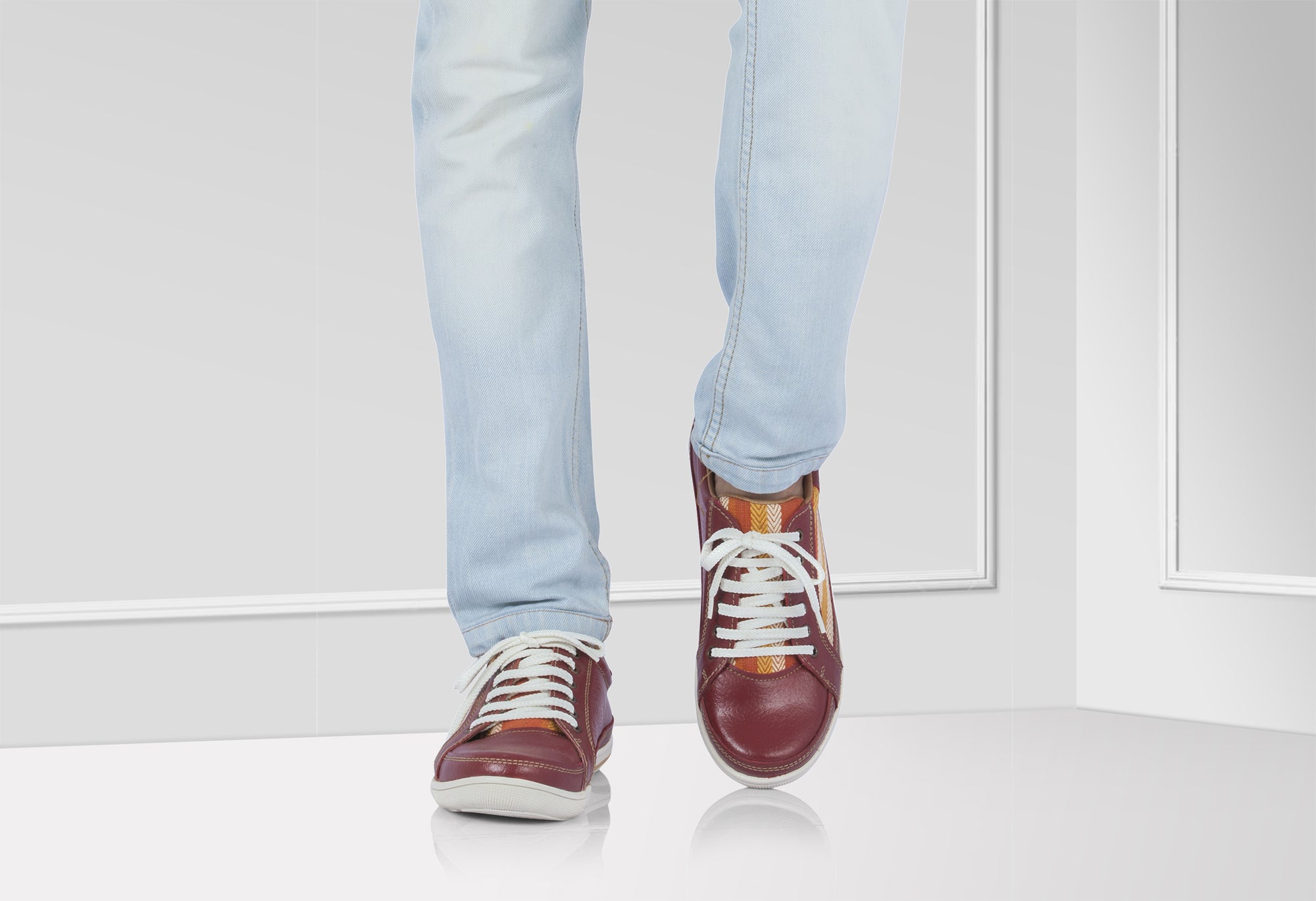 Pure Leather Sneakers with a Touch of Handloom - Loom (Red) , RON4155FABBUR - Showcase Image 2