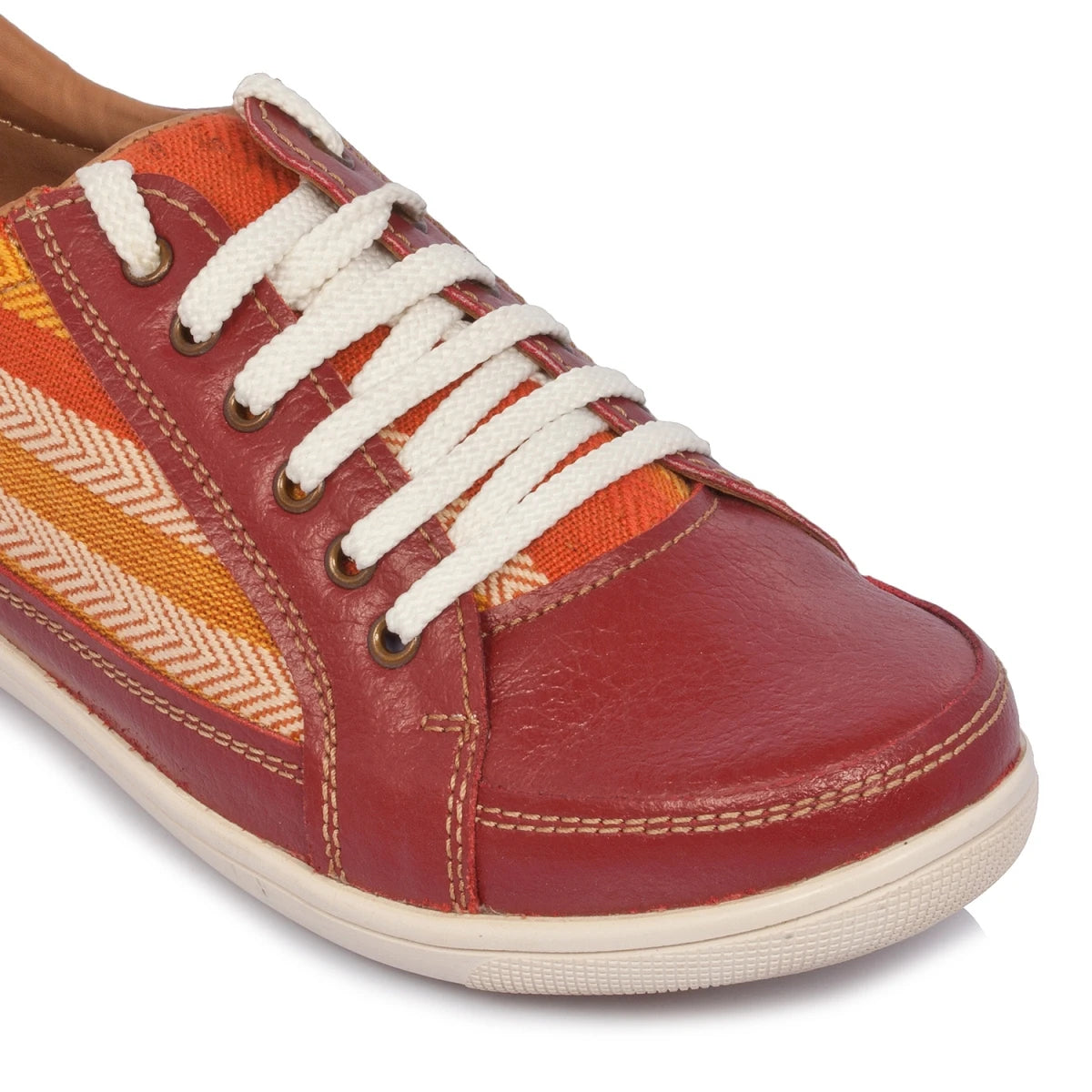 Pure Leather Sneakers with a Touch of Handloom - Loom (Red) , RON4155FABBUR