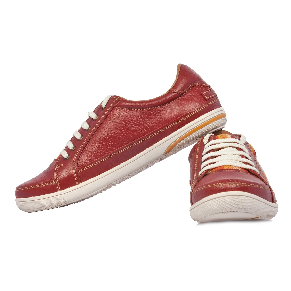 Pure Leather Sneakers with a Touch of Handloom - Loom (Red) , RON4155FABBUR