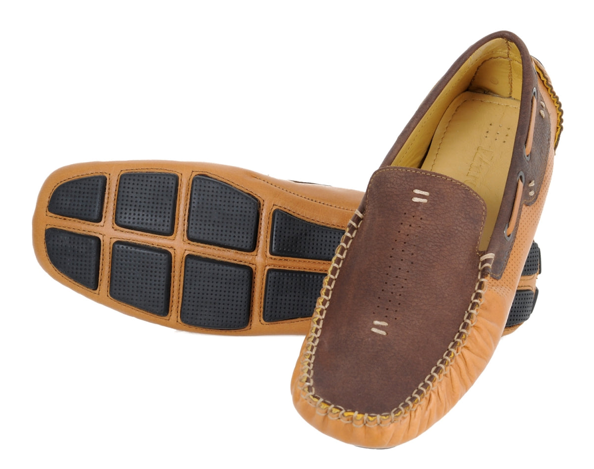 TZARO Genuine Leather Chocolate & Tan Driving Shoes - STN2307TANCHC