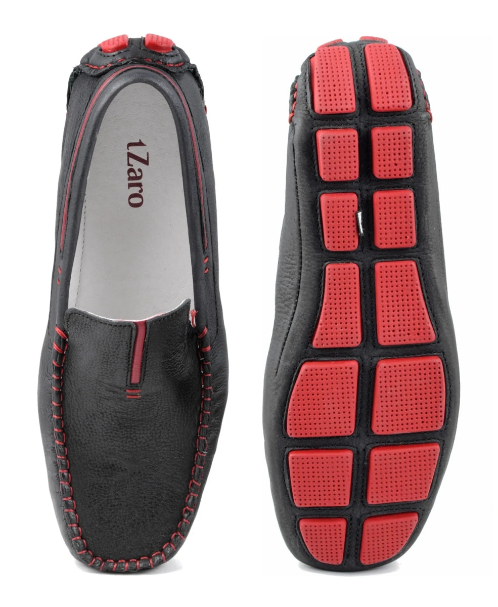 Pure Leather Black Driving Shoes - STN2324REDPIP