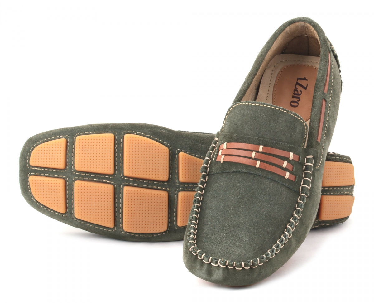 TZARO Genuine Leather Dark Green Driving Shoes - STN2333SDGRN