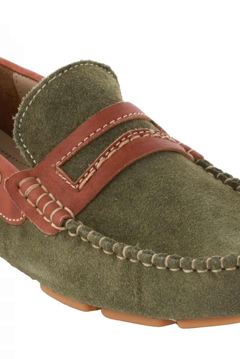 Genuine Leather Olive Green Driving Shoes - STN2337GRNTAN