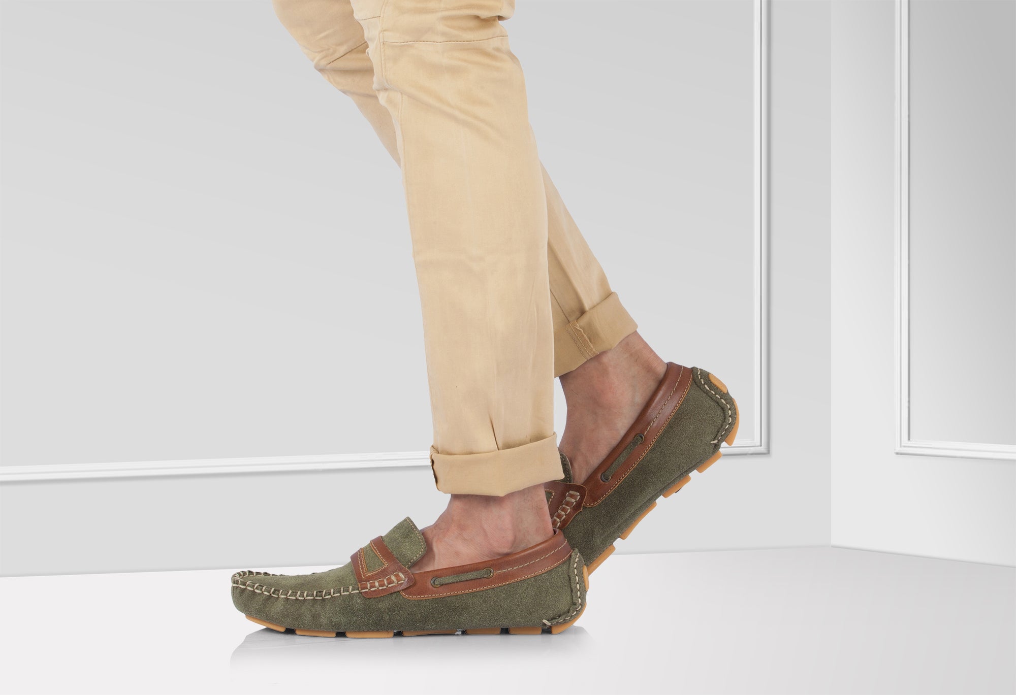Genuine Leather Olive Green Driving Shoes - STN2337GRNTAN - Showcase Image 1
