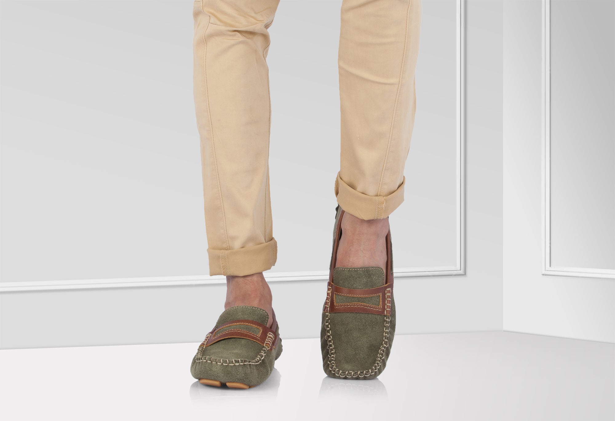 Genuine Leather Olive Green Driving Shoes - STN2337GRNTAN - Showcase Image 2