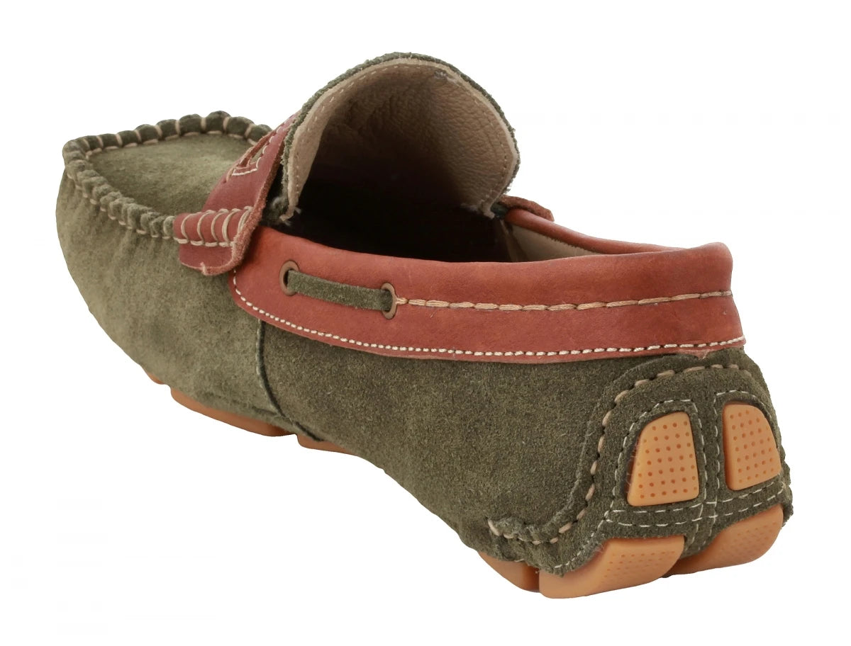 Genuine Leather Olive Green Driving Shoes - STN2337GRNTAN